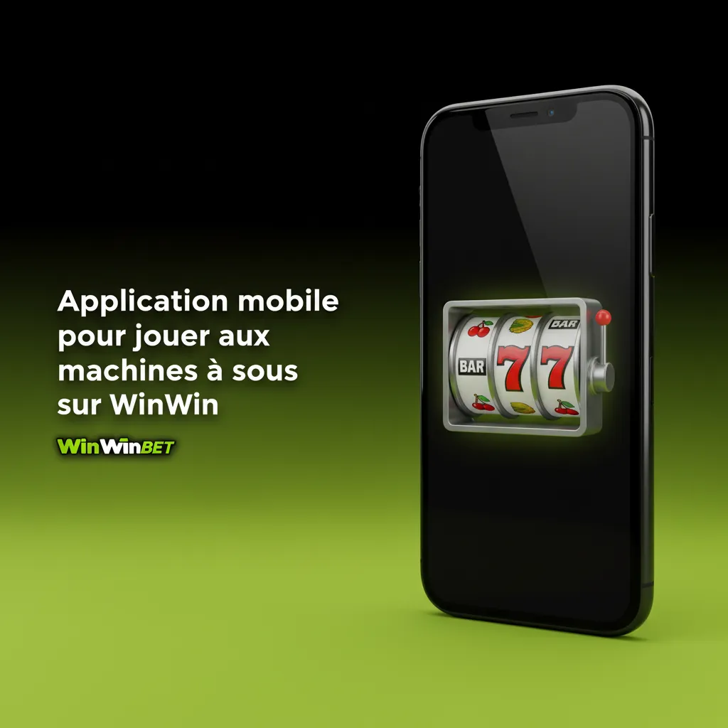 Smartphone avec l’app WinWin Casino: machines à sous, bouton Spin, filtres, dépôts/retraits, logos App Store et Google Play