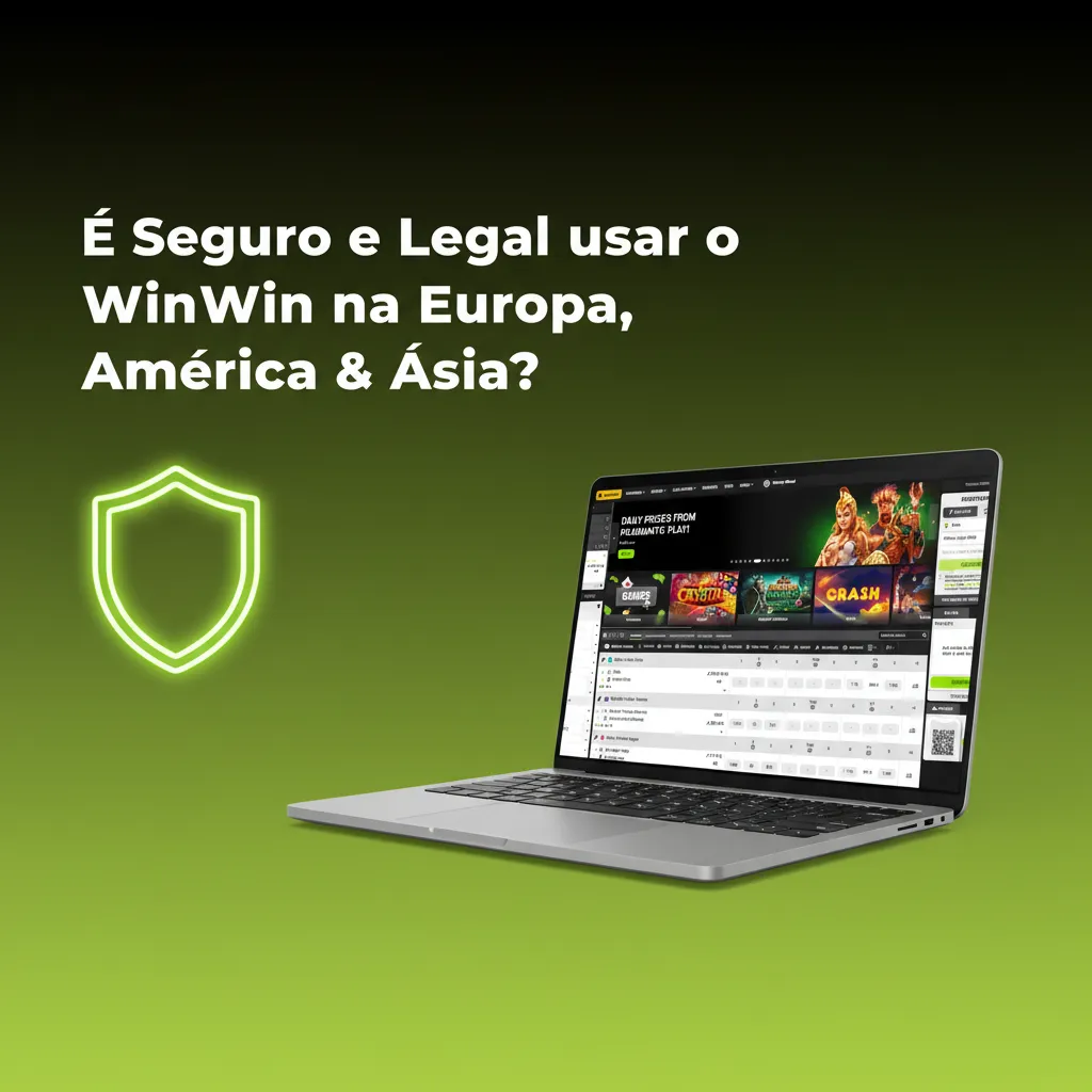 Banner sobre segurança e legalidade do WinWin na Europa, América e Ásia, com ícones de licença, SSL e antifraude