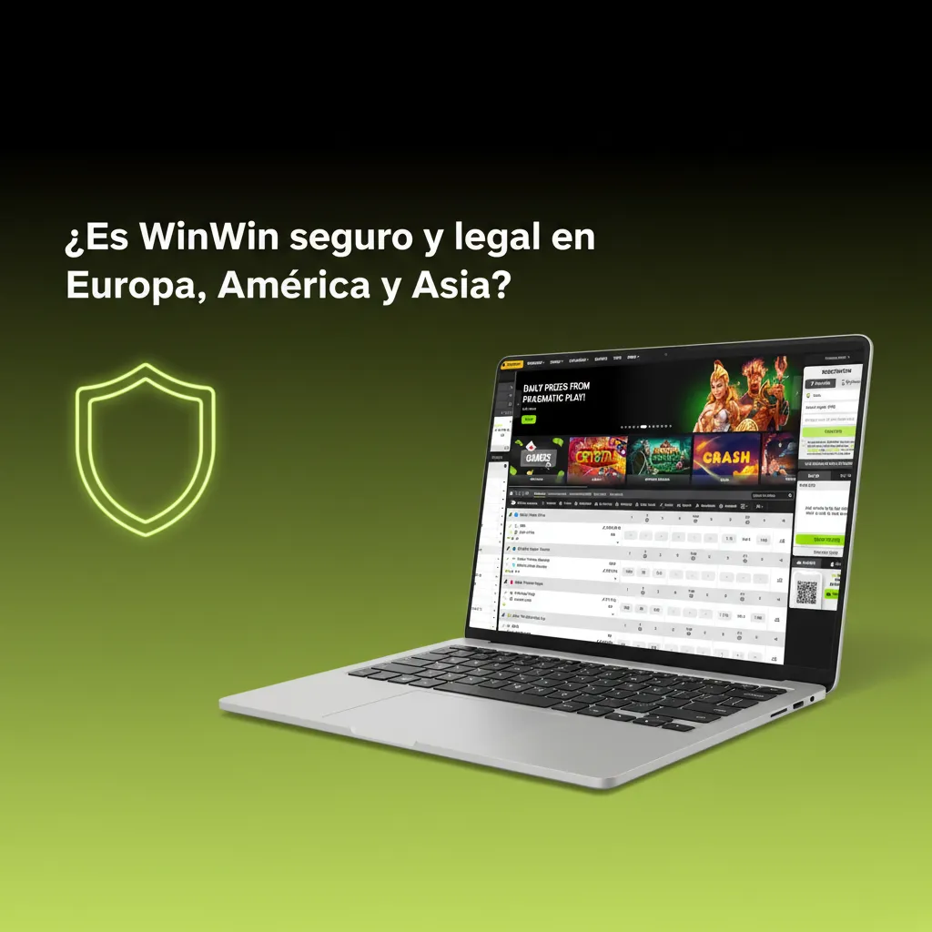 Mapa de Europa, América y Asia con candado y check. WinWin legal y seguro: licencia, SSL, KYC/AML, juego responsable.