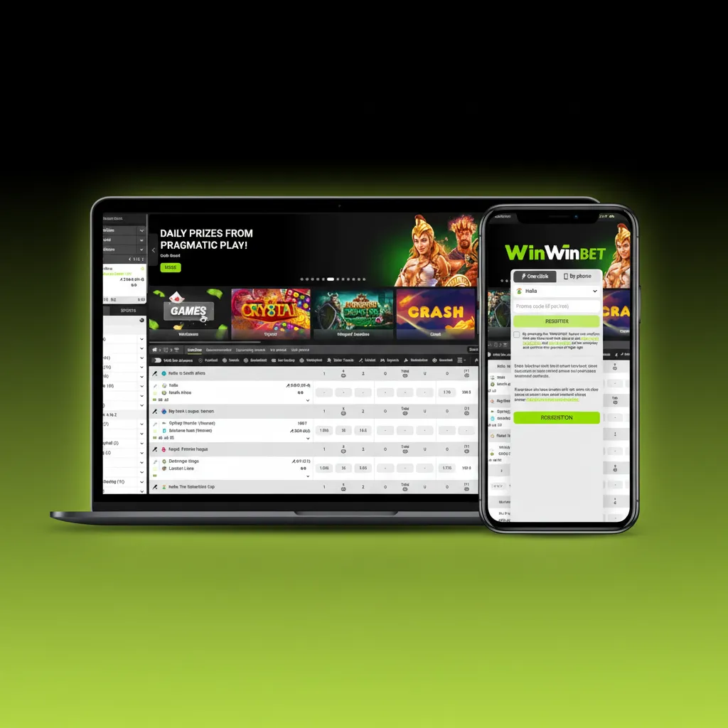 WinWin site UI: clean top nav for Sports, Live, eSports, Casino, Promos, Help, App; fast flow from odds to games to bet slip.