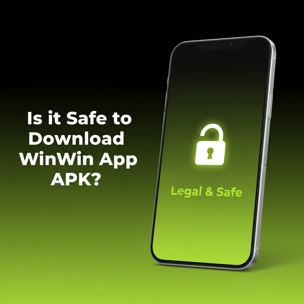 Phone with lock, sports and casino icons; WinWin App APK: licensed, SSL-encrypted, audited for secure mobile play.