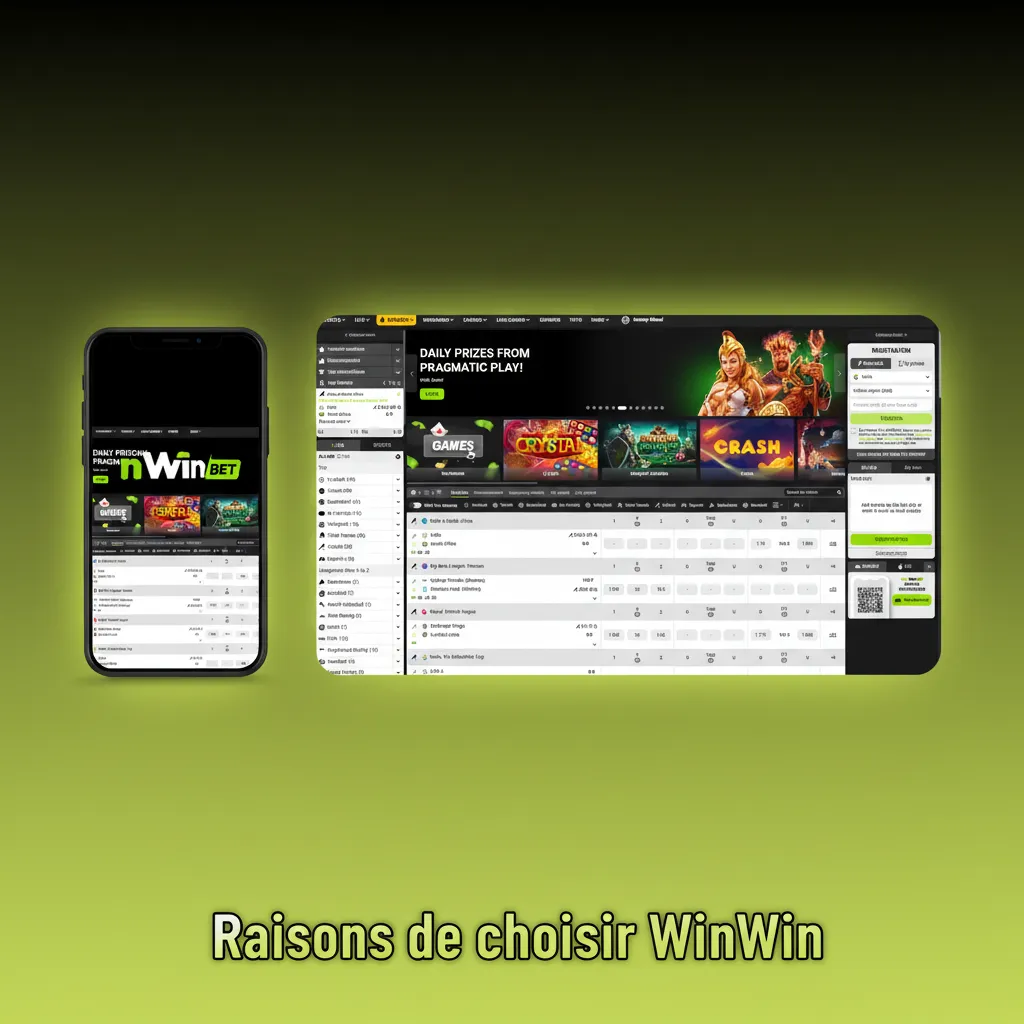 Infographie Raisons de choisir WinWin: cotes compétitives, casino varié, paiements rapides, support 24/7, KYC simplifié.