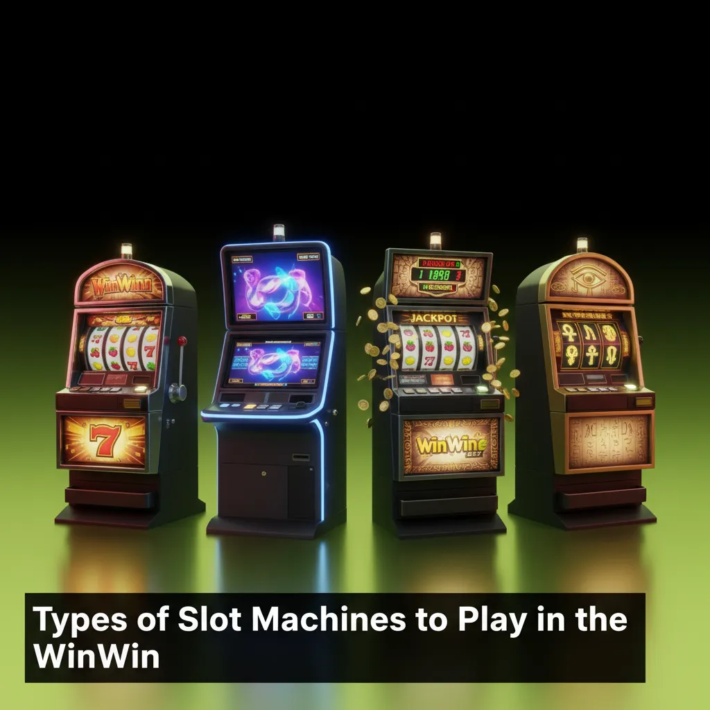 Graphic of slot machine types at WinWin: classic, video, Megaways, Cluster Pays, Hold & Win, jackpots.