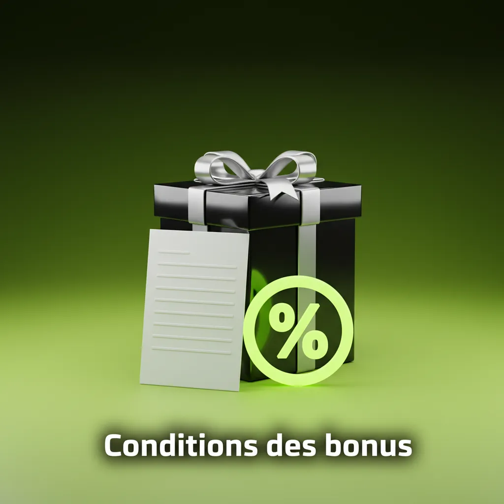 Page 'Conditions des bonus' listant règles: 1 bonus actif, contributions de mise, pari max, délais, KYC et exclusions.