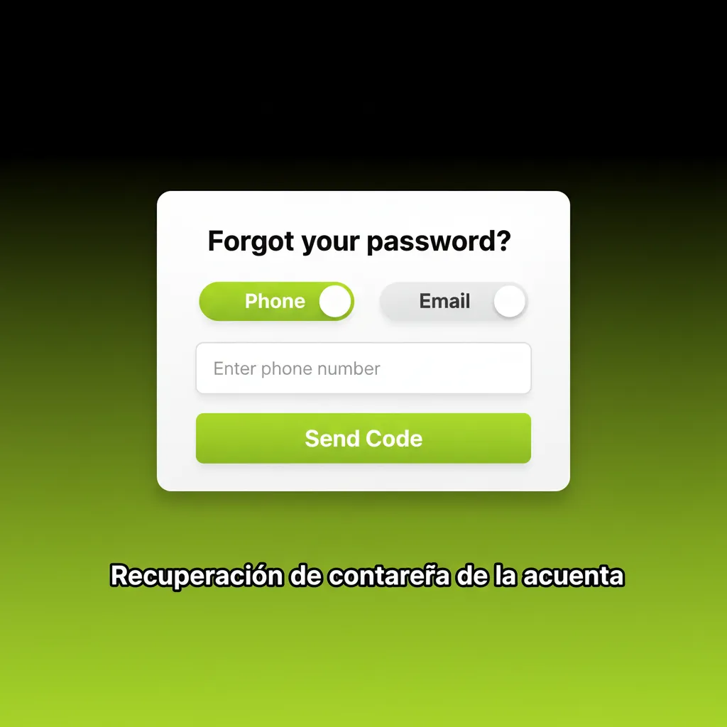 Pantalla guía para recuperar la contraseña: enlace ¿Olvidaste tu contraseña?, correo/móvil, código, nueva clave, soporte.