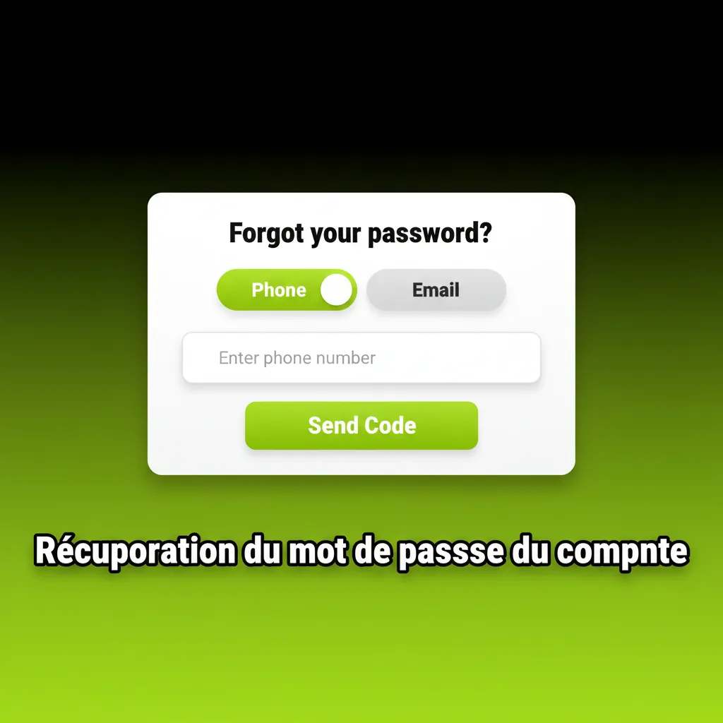 Écran de récupération de mot de passe: réinitialisation par e‑mail ou SMS, puis création d’un nouveau mot de passe.