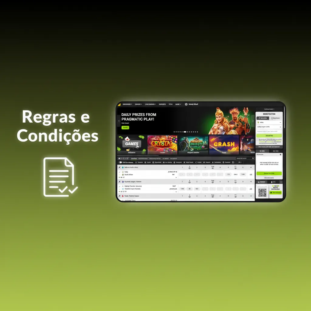 Banner 'Regras e Condições' com ícones: 18+, 1 conta/pessoa/morada/dispositivo, verificação, restrições e bónus