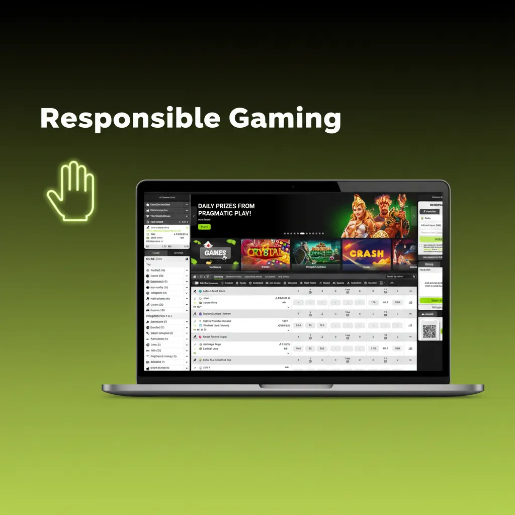 Responsible gaming: phone app showing limit sliders, break timer, self-exclusion toggle, age verification, support link.