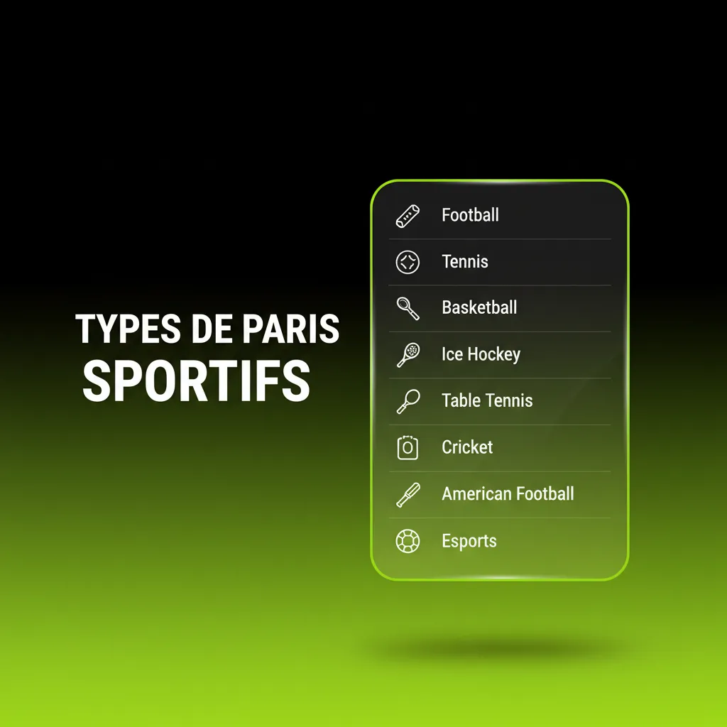 Types de paris sportifs: football, basket, tennis, cricket, MMA/UFC, options pré‑match et en direct.