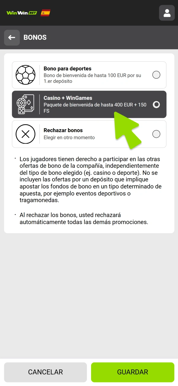 Elige el bono de bienvenida de WinWin.