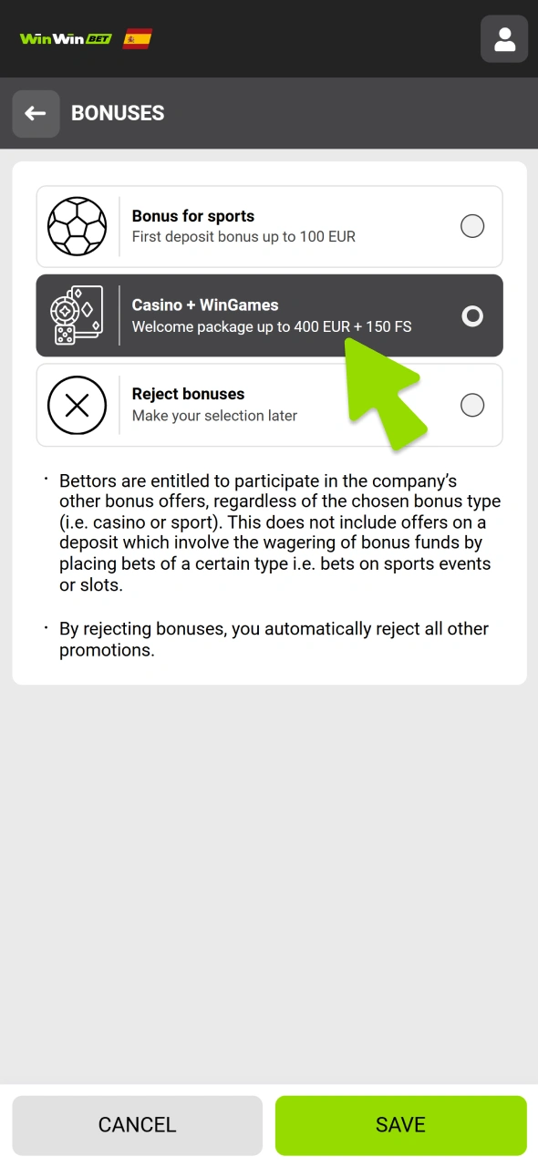 Choose casino welcome bonus from WinWin.