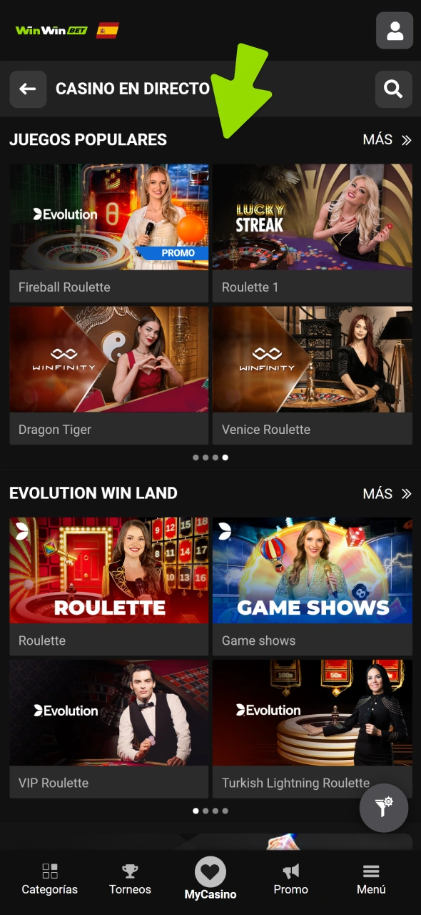 Elige un programa de juegos en vivo en WinWin.