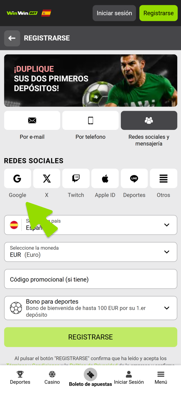 Elige tu método de registro en WinWin para empezar a jugar al casino en vivo.