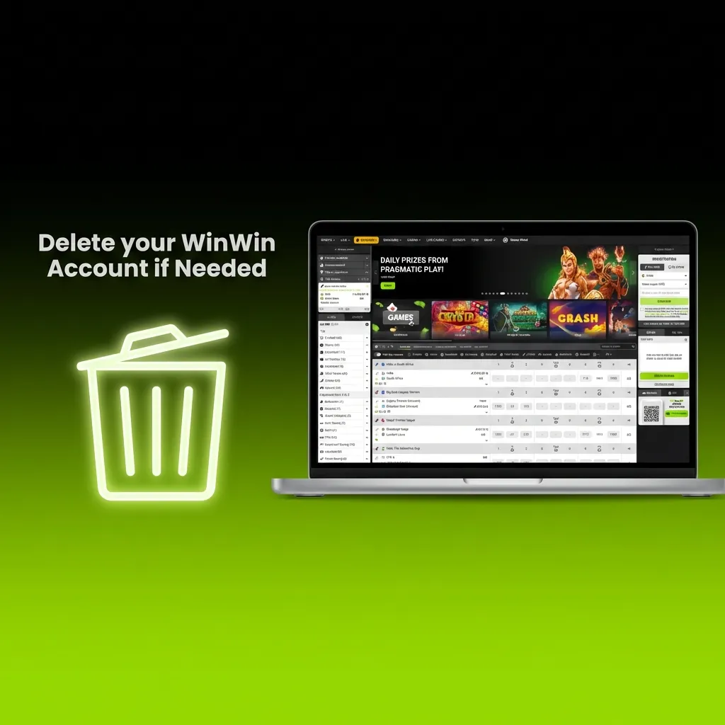 WinWin account deletion settings page showing close account and self-exclusion options in user profile menu