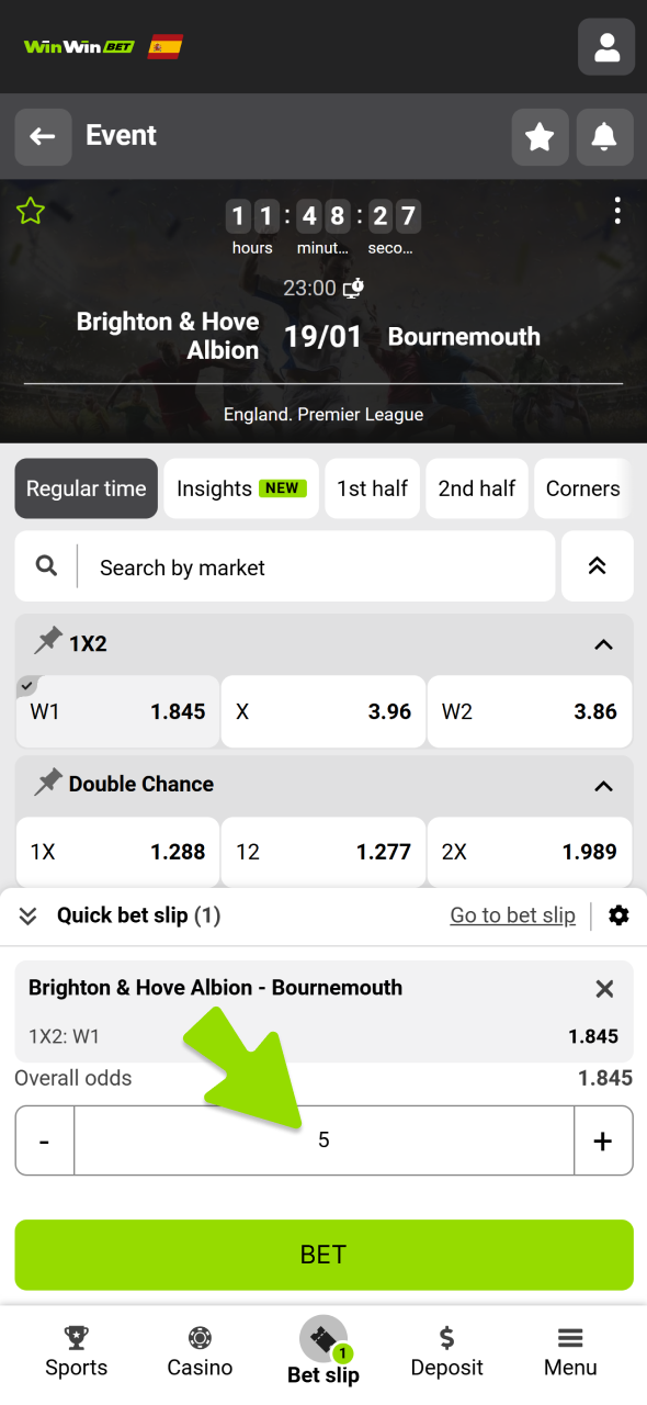 Place a bet by entering bet amount at WinWin.