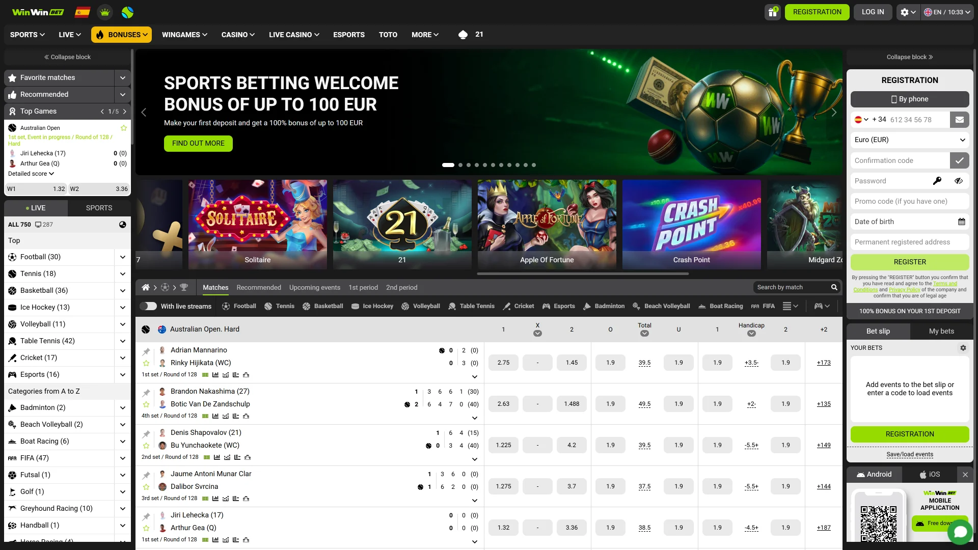 VIsit WinWin main page to see which slots popular and what is live at sports.