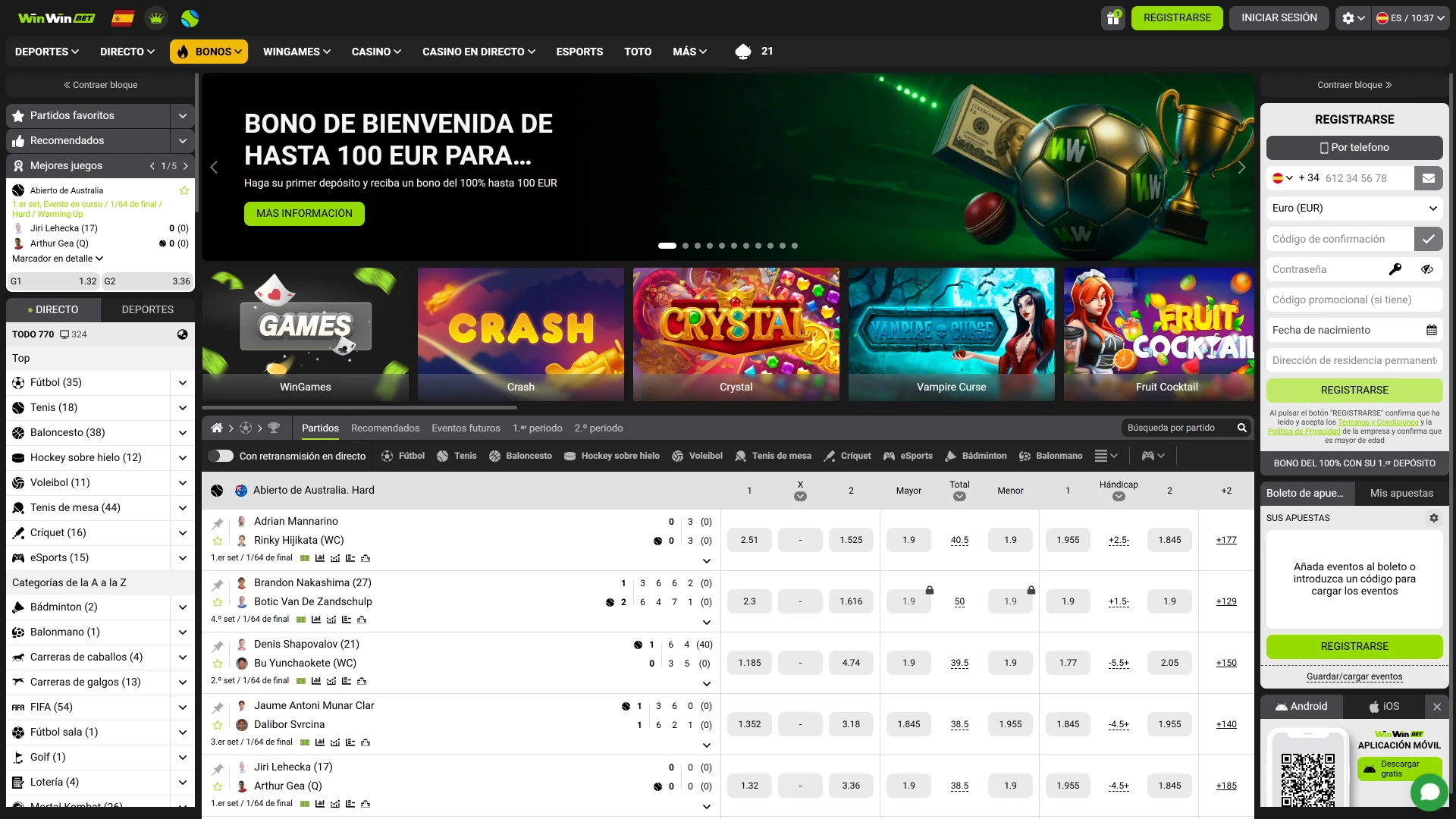 Visita la página principal de WinWin para ver las tragamonedas más populares y las novedades deportivas.