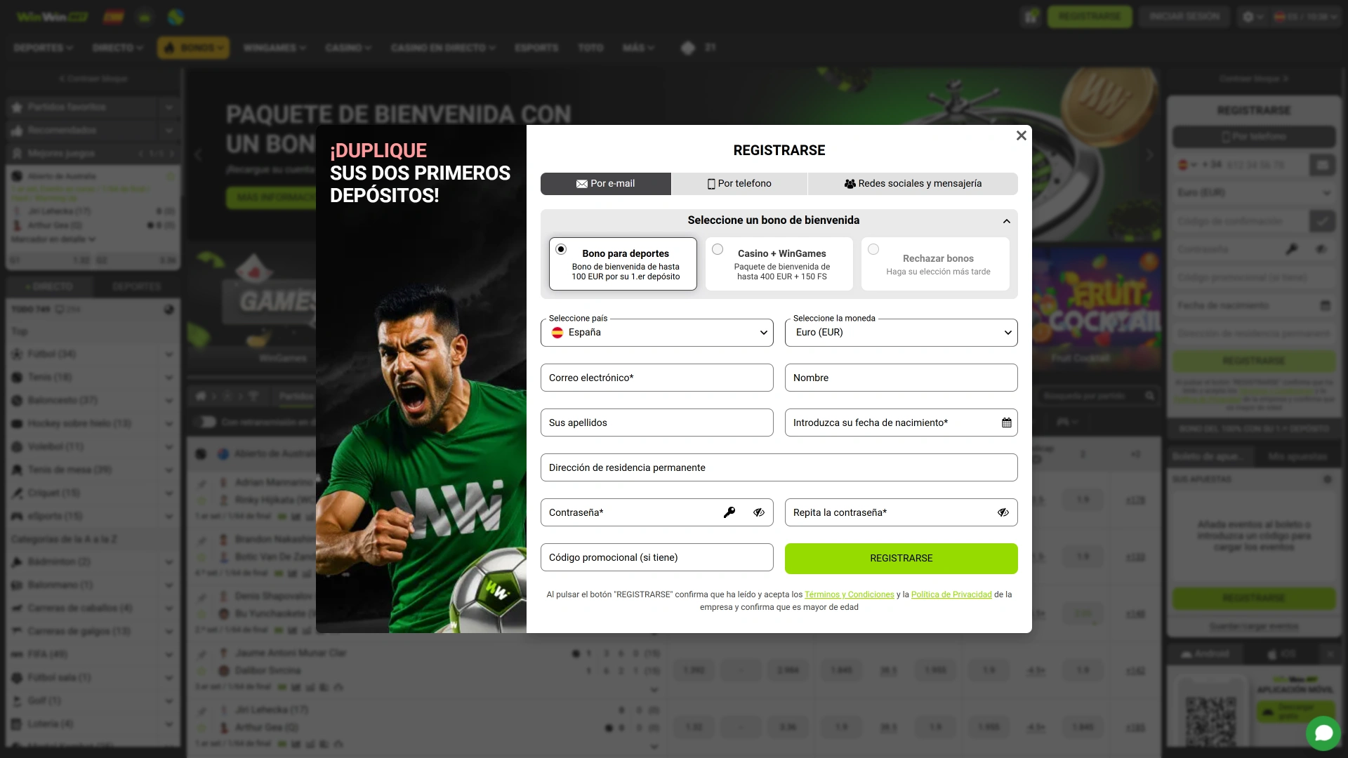 Crea una cuenta WinWin para empezar a apostar.