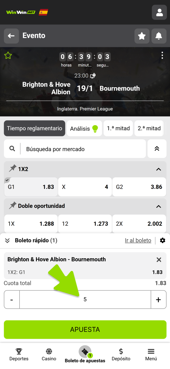Apuesta ingresando el importe en WinWin.