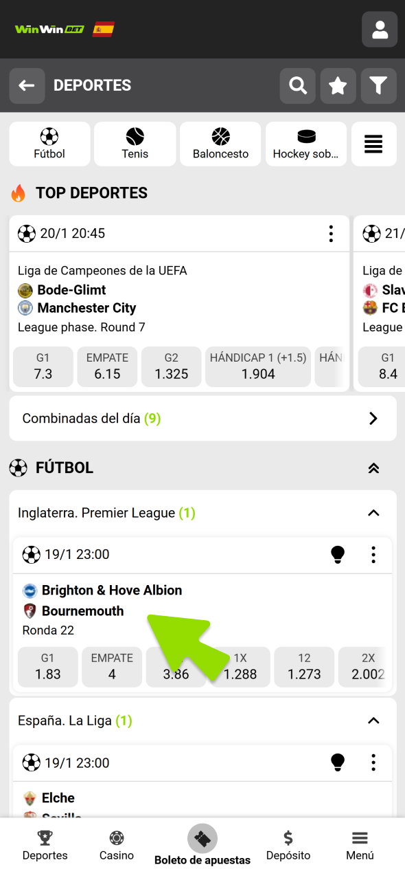 Encuentra el deporte y el mercado en el que quieres apostar en WinWin.