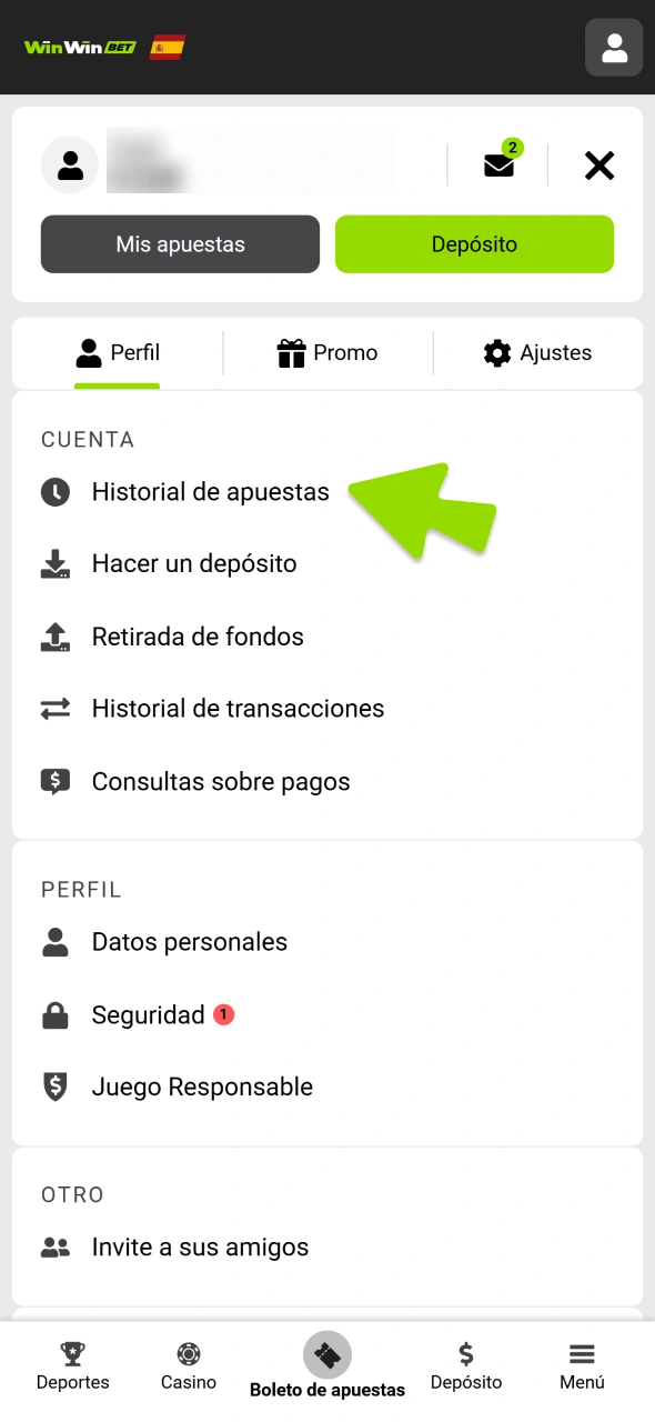 Consulta tus apuestas en tu perfil de WinWin.