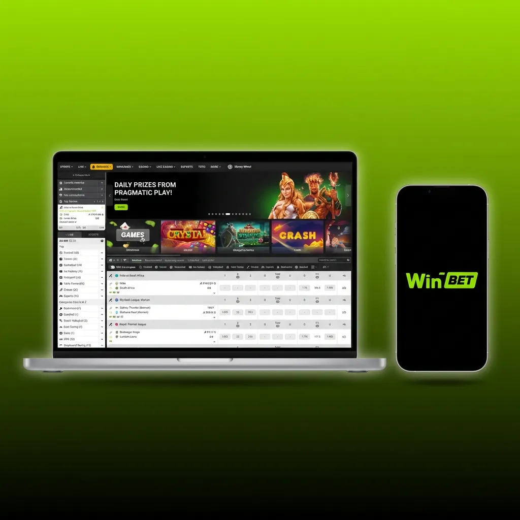 WinWin website interface showing top navigation bar with Sports, Casino, and account features, plus homepage with live odds and games