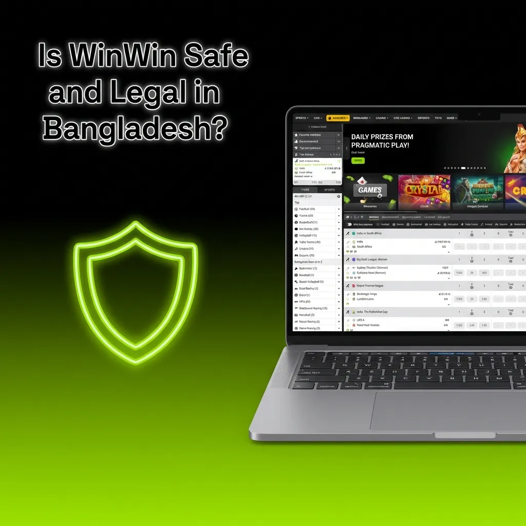 WinWin platform interface showing security features, SSL encryption badge, and international gaming license certification