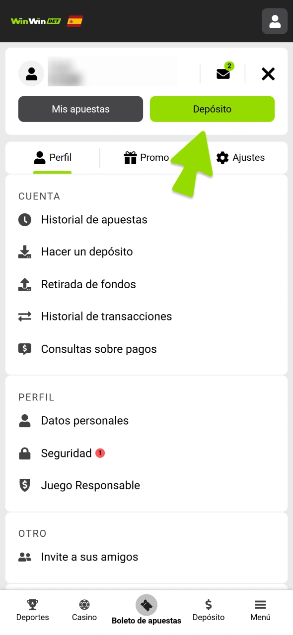 Encuentra el botón Depositar en tu perfil de WinWin o en el menú.