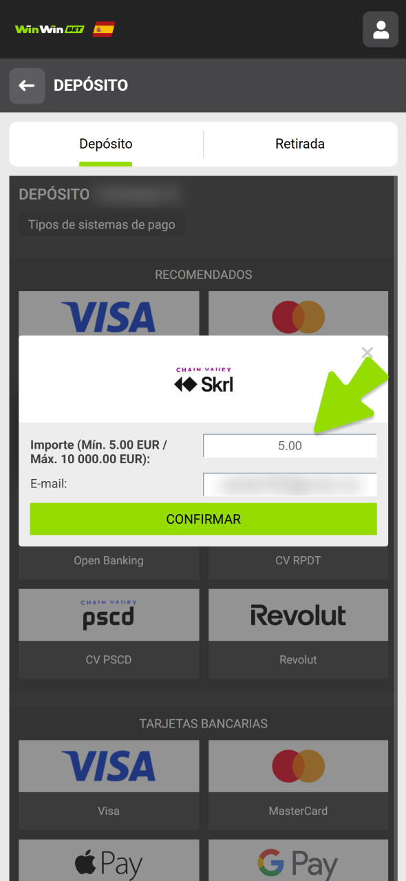 Introduce el importe de tu depósito de WinWin en el campo correspondiente.
