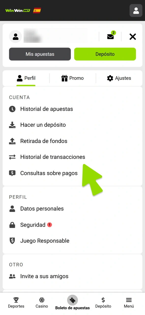 Consulta tu historial de transacciones en tu perfil WinWin.