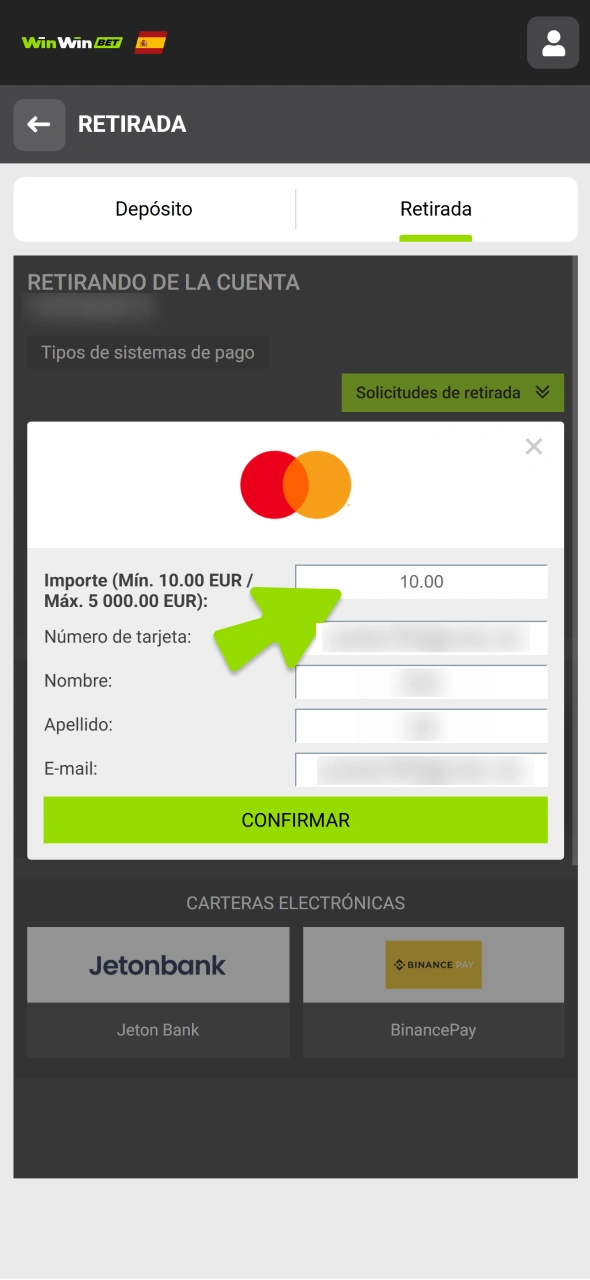 Ingresa el monto a retirar en el formulario de retiro de WinWin.