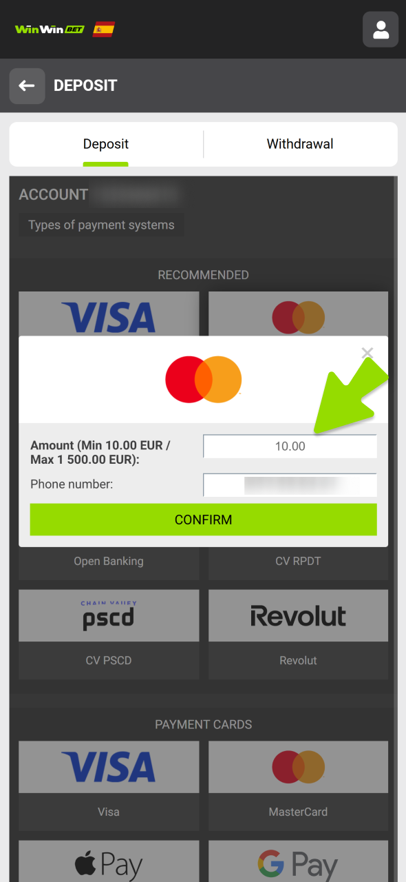 Insert your WinWin deposit amount at the field.