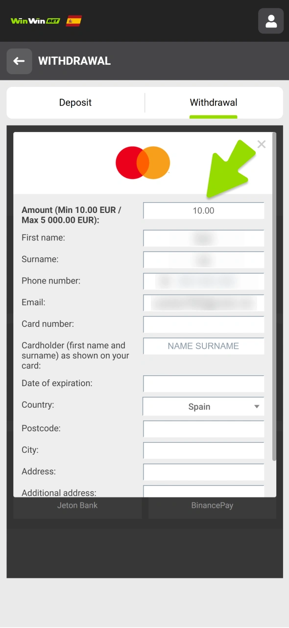 Enter withdrawal amount at WinWin withdrawal form.