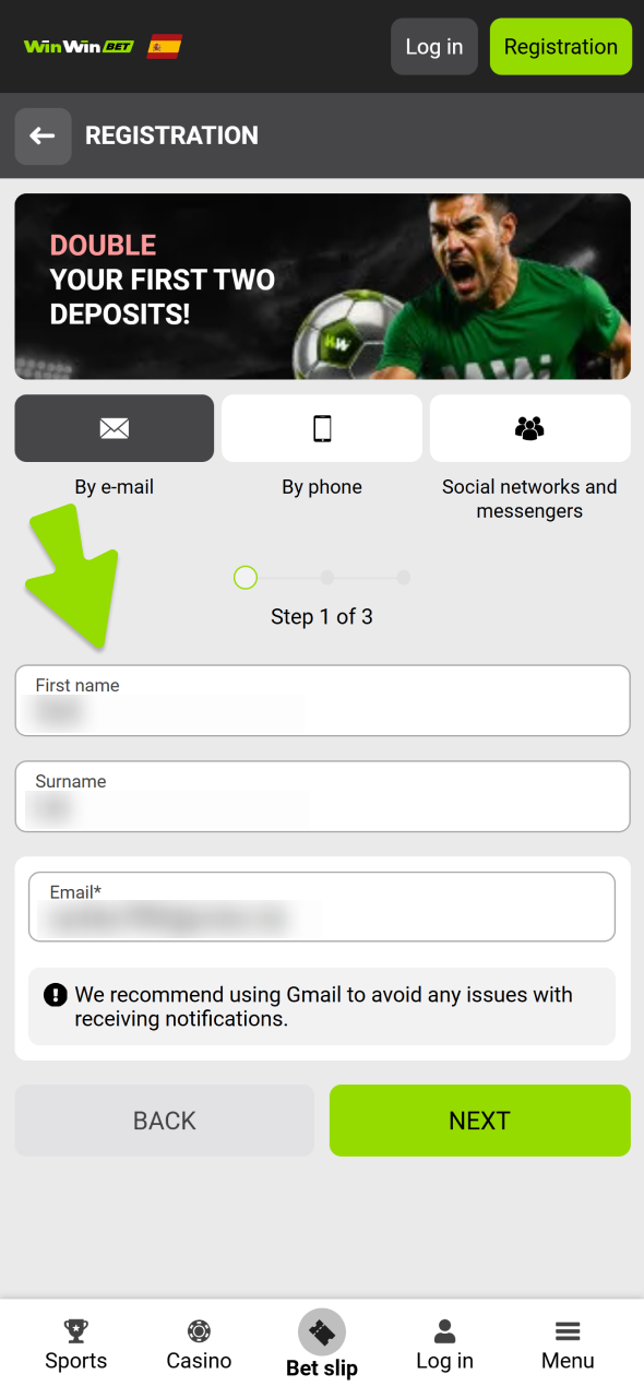 Fill in the registration detales for chosen method at WinWin casino.