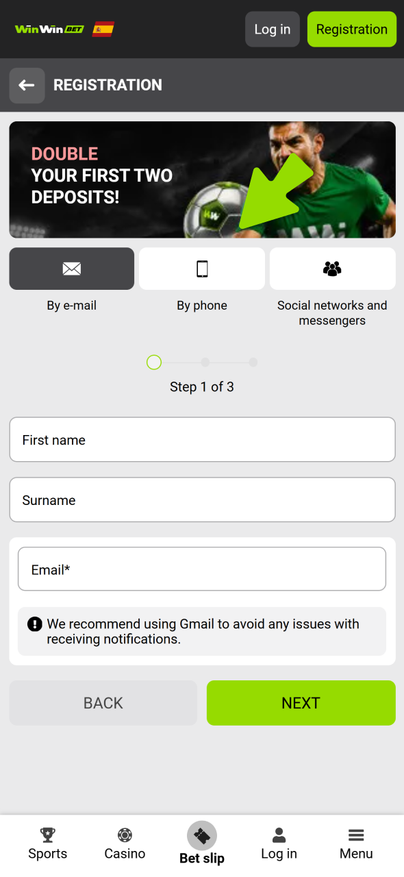 Decide on registration method for your new WinWin account.