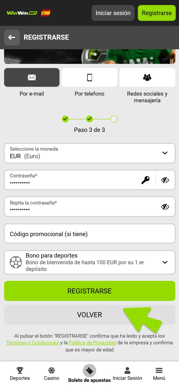 Confirma el formulario de registro de WinWin.