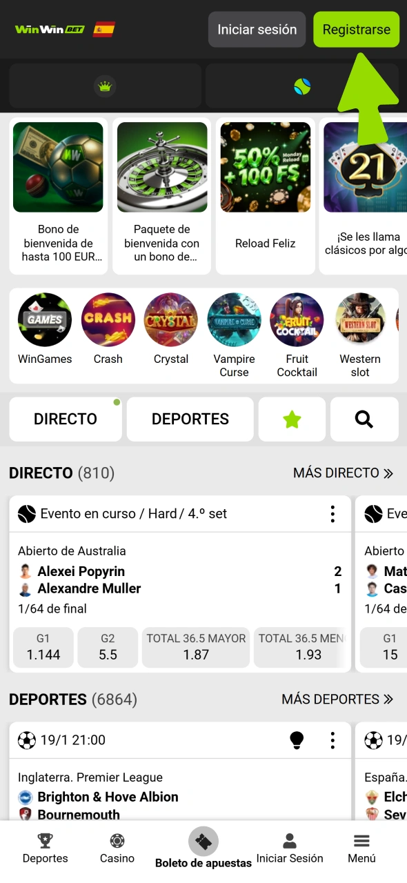 Encuentra el botón de registro en la página principal de WinWin.
