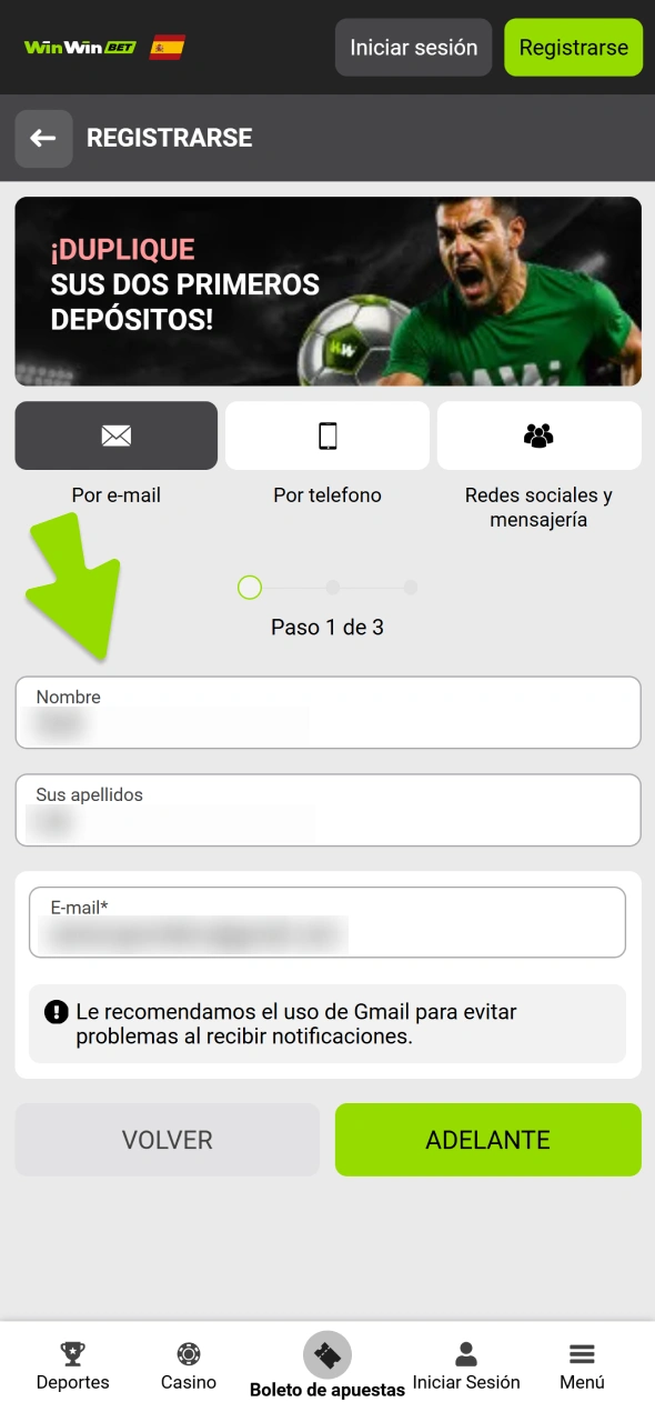 Completa los datos de registro del método elegido en el casino WinWin.