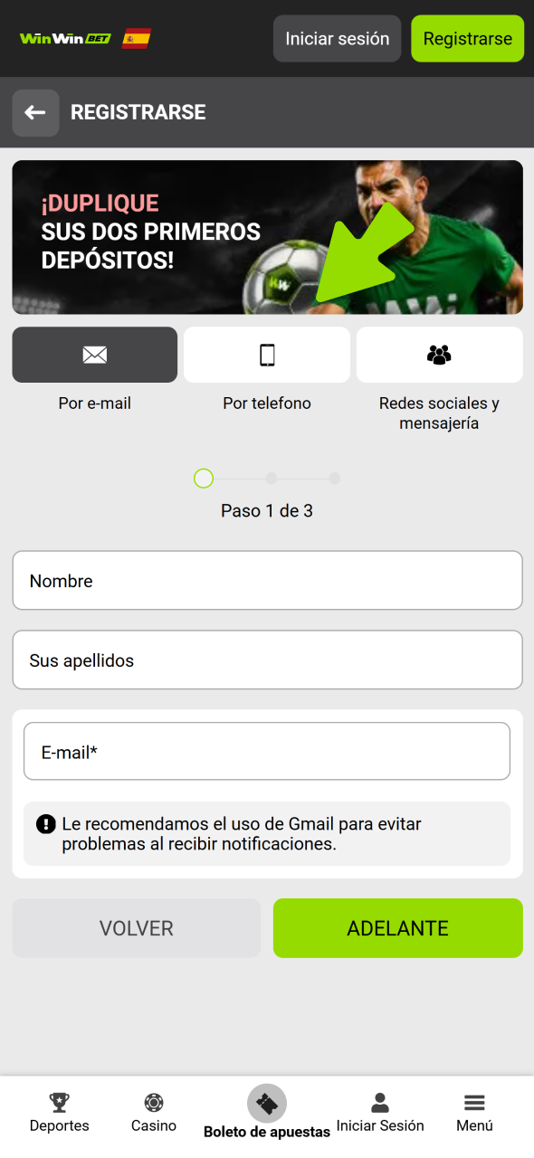 Elige el método de registro para tu nueva cuenta de WinWin.