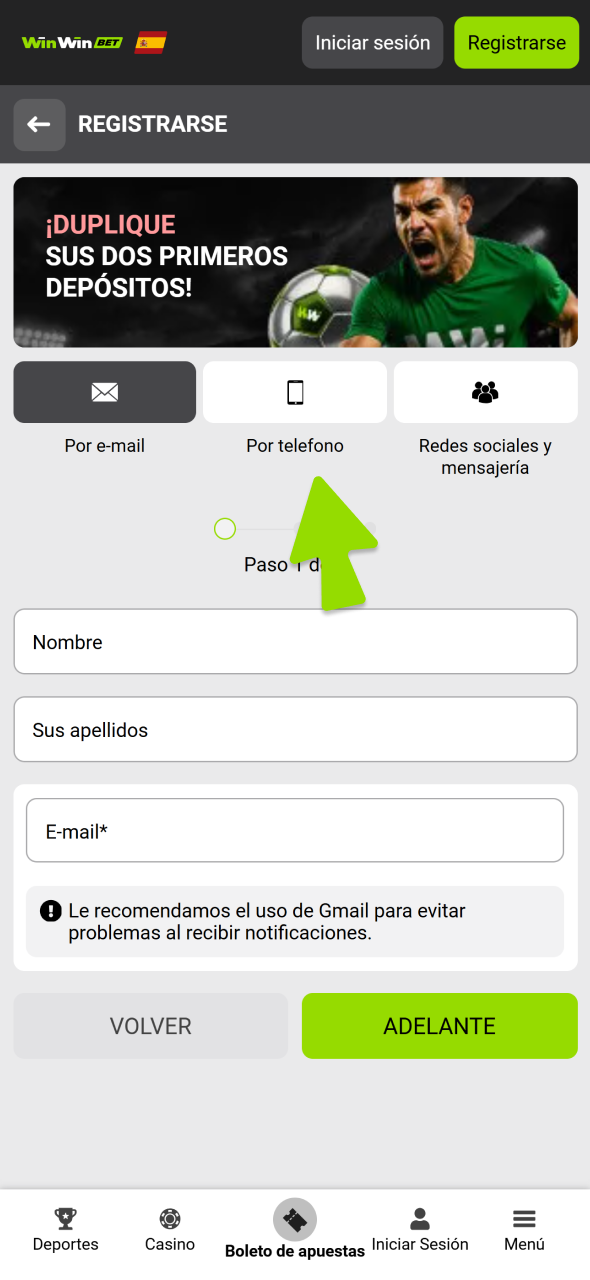 Use el método de registro que prefiera para su cuenta de WinWin.