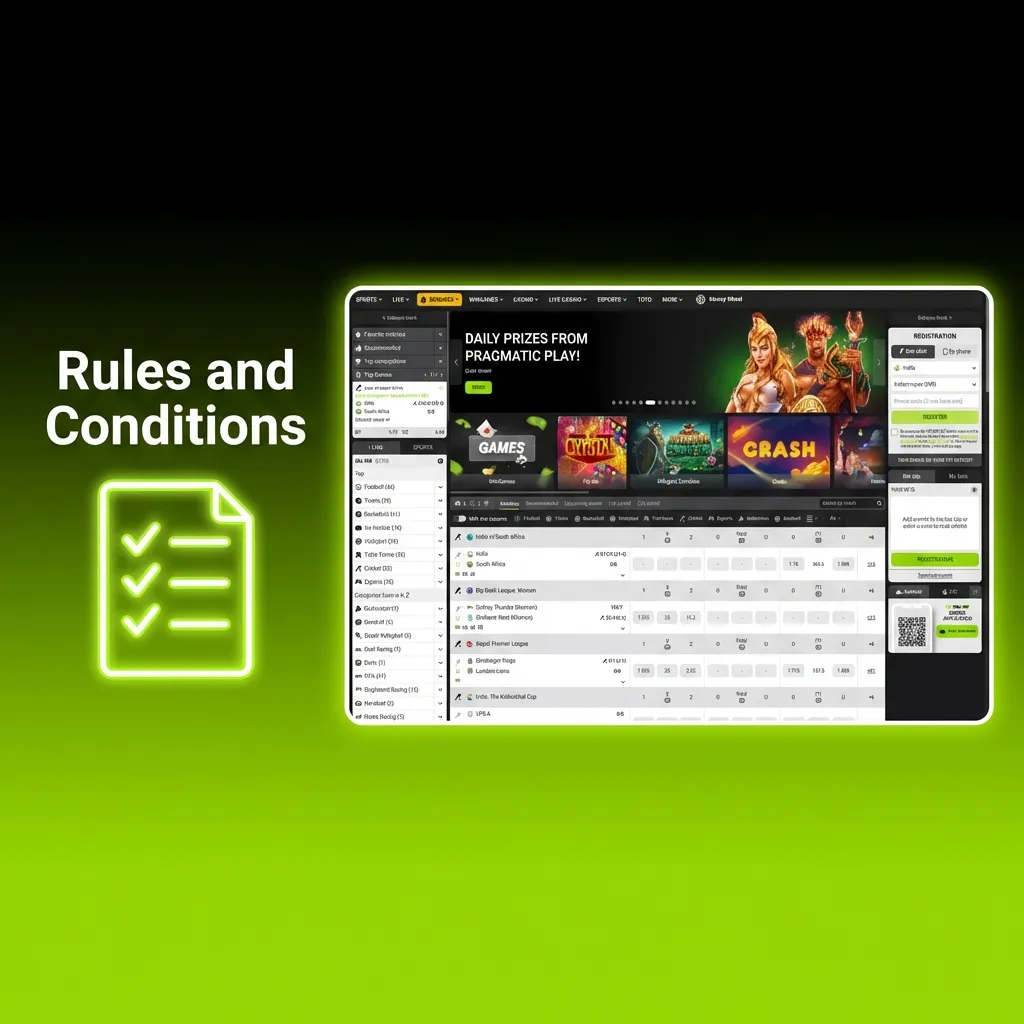 Terms of service page showing account rules, age requirements, bonus conditions, and fair play policies for users.